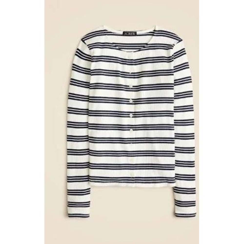 J Crew Fine Knit Cardigan White Navy Blue Striped Ribbed Button Up XL CI343